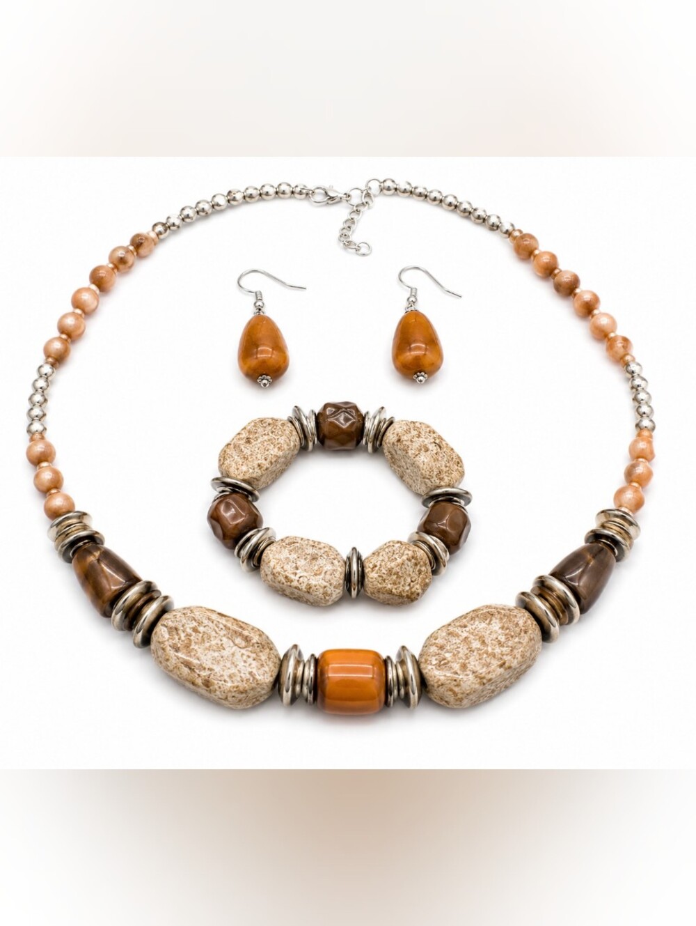 3-Piece Brown & Beige Natural Stone Beaded Jewelry Set Necklace Bracelet Earring